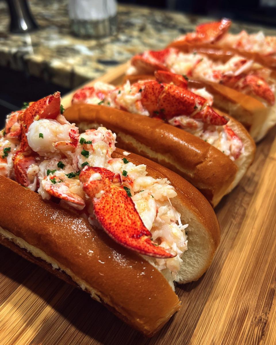 Delicious lobster rolls with lemon butter, filled with fresh lobster meat, on a wooden board.