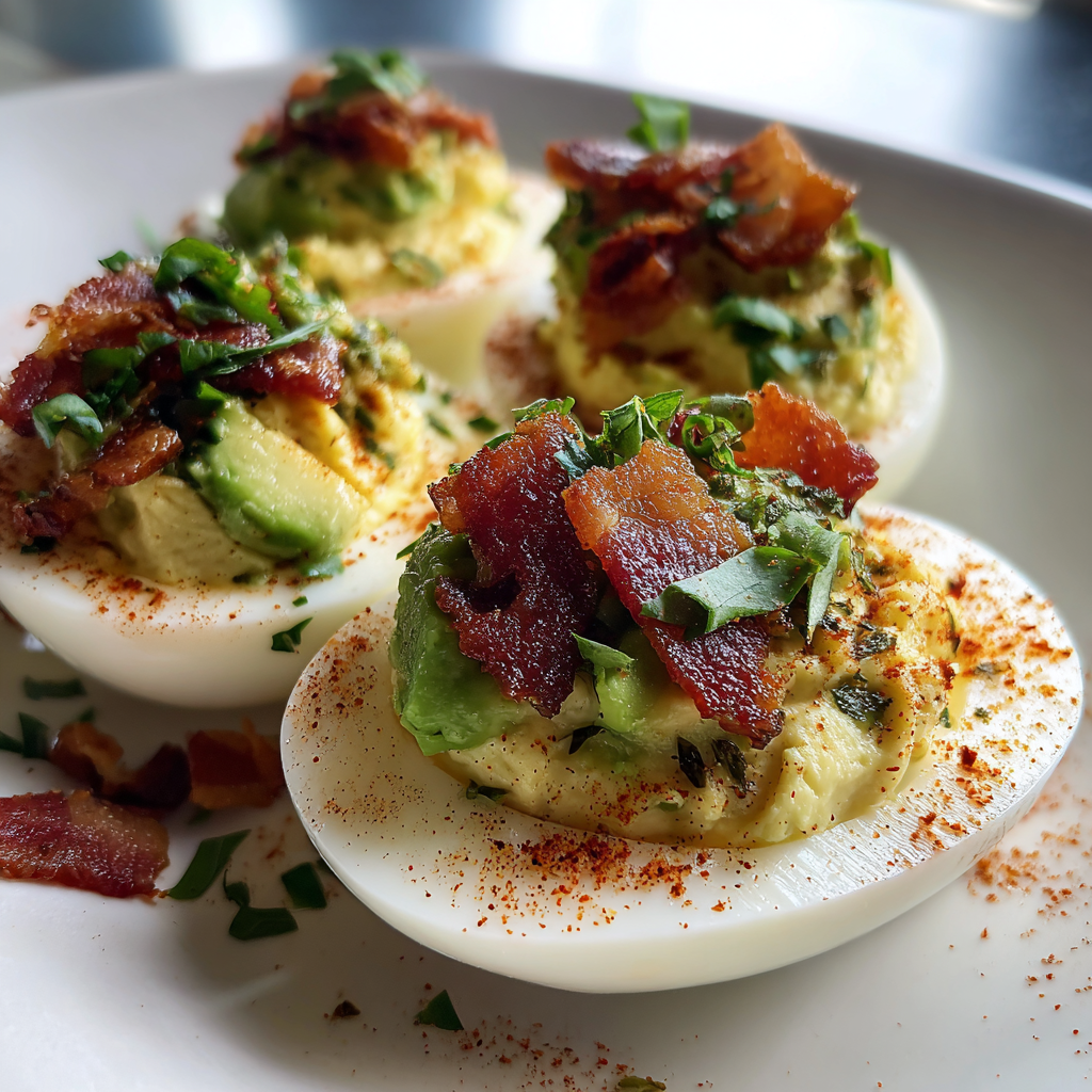 Deviled Eggs with Avocado & Bacon