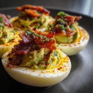 Deviled Eggs with Avocado & Bacon
