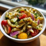 Close-up of a bowl of delicious Memorial Day Pasta Salad with tomatoes, red onion, and herbs.