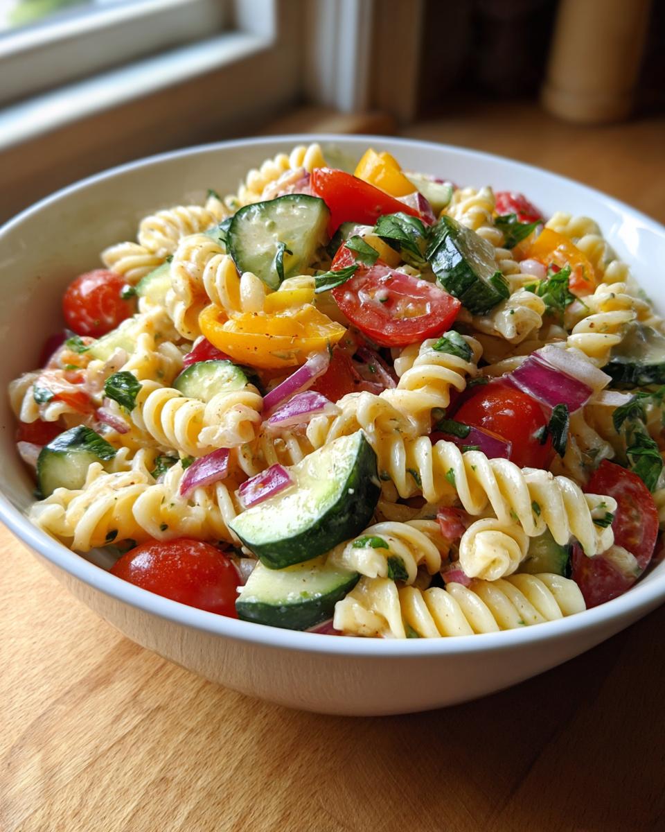 Close-up of a bowl filled with delicious Memorial Day Pasta Salad, featuring pasta, tomatoes, cucumbers, and red onion.