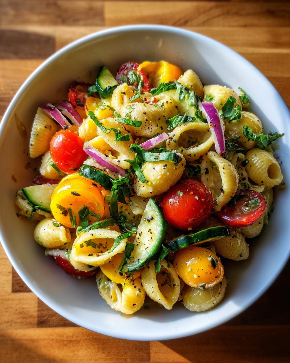 Overhead shot of a vibrant Memorial Day Pasta Salad with tomatoes, cucumber, and herbs.
