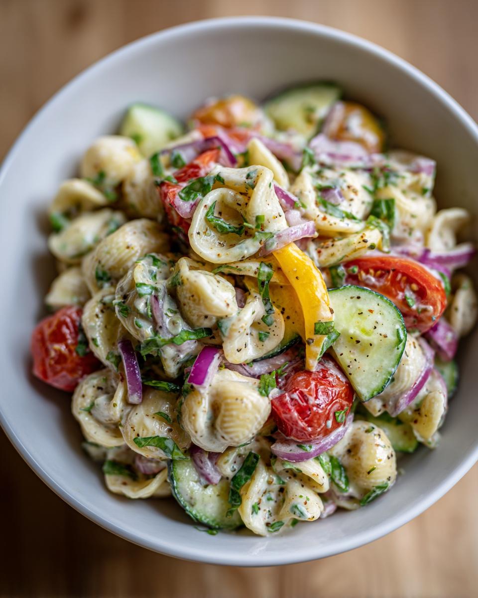 Close-up of a bowl of Memorial Day Pasta Salad with tomatoes, cucumbers, and red onion.