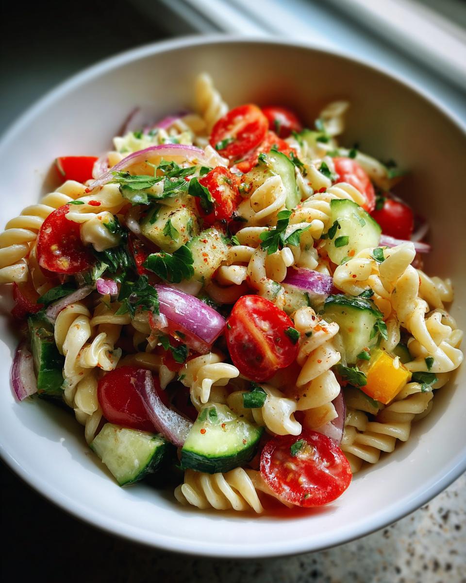 Close-up of a bowl of delicious Memorial Day Pasta Salad with tomatoes, cucumbers, and red onion.