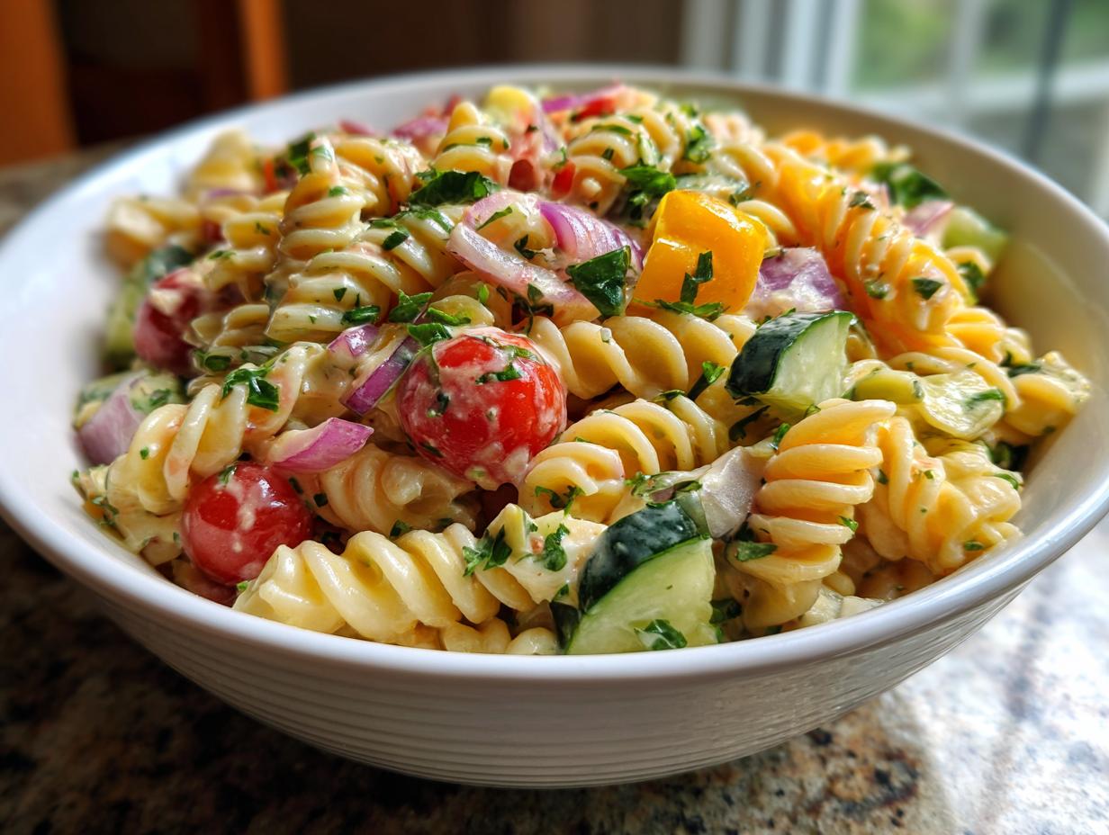 Close-up of a bowl of delicious Memorial Day Pasta Salad with vegetables and herbs.