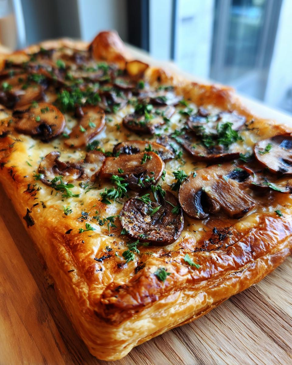 Close-up of a freshly baked Mushroom & Gruyere Tart, topped with mushrooms and herbs.