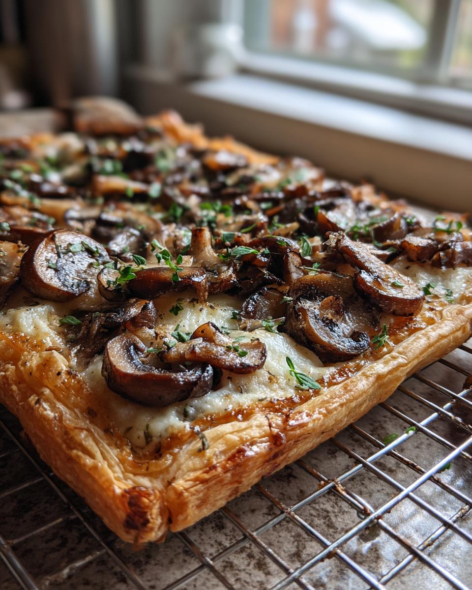 Close-up of a golden Mushroom & Gruyere Tart, topped with fresh mushrooms and herbs.