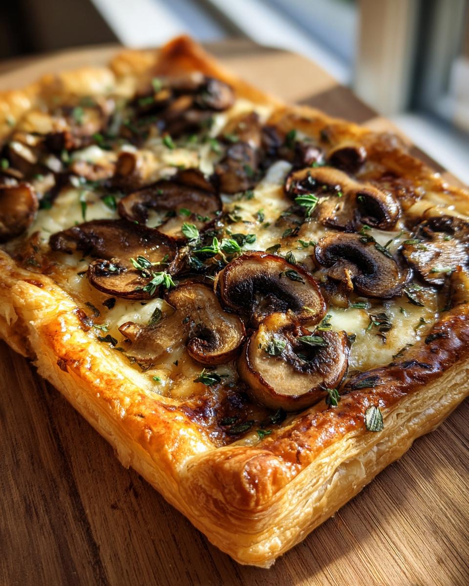 Close-up shot of a golden Mushroom & Gruyere Tart with mushrooms, cheese, and herbs on a wooden board.