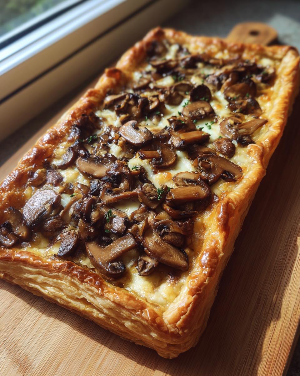 Overhead shot of a baked Mushroom & Gruyere Tart on a wooden cutting board.