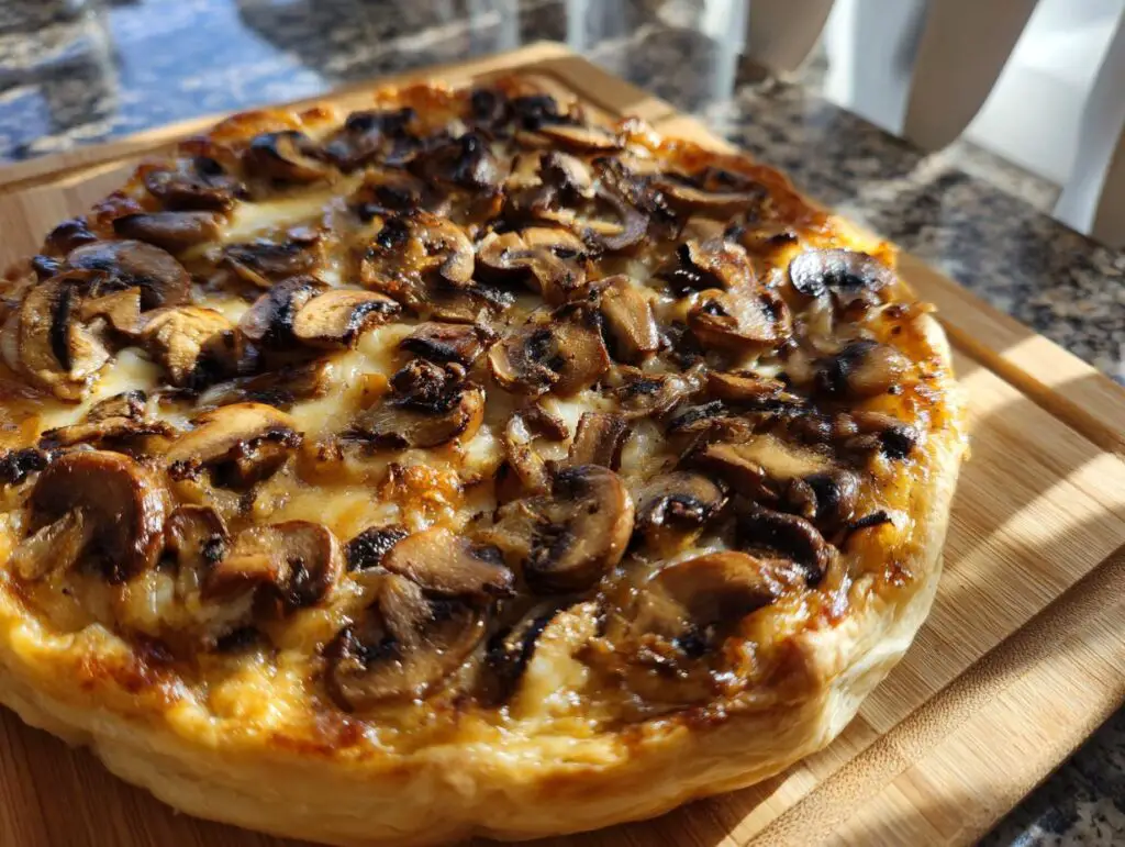 Close-up of a golden Mushroom & Gruyere Tart on a wooden board.