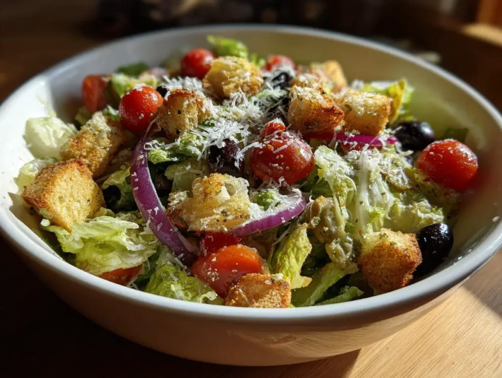 Close-up of a delicious Olive Garden Salad with croutons, tomatoes, olives, and cheese.