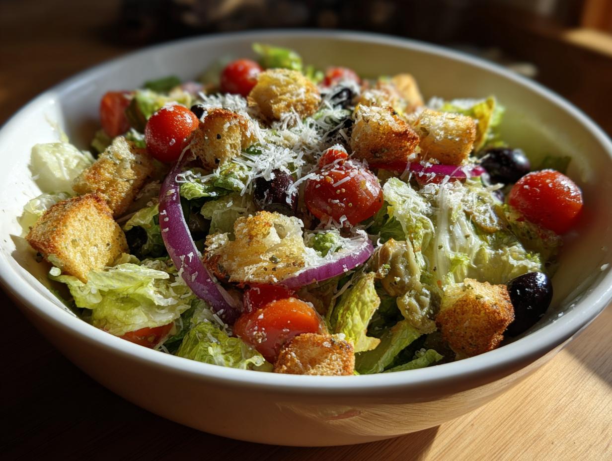 Close-up of a delicious Olive Garden Salad with croutons, tomatoes, olives, and cheese.