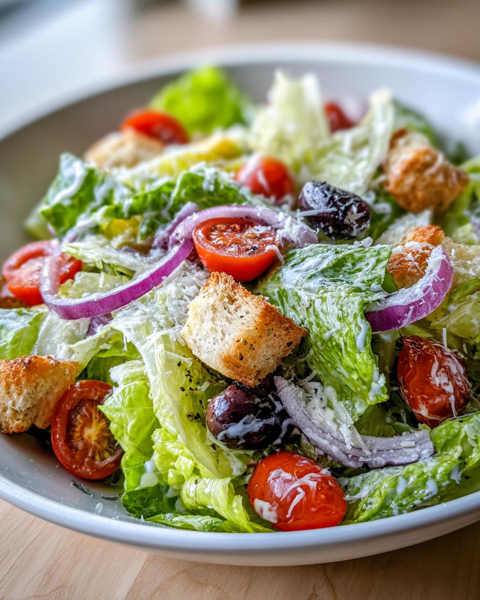 Close-up of a fresh Olive Garden Salad with lettuce, tomatoes, olives, and croutons, drizzled with dressing.