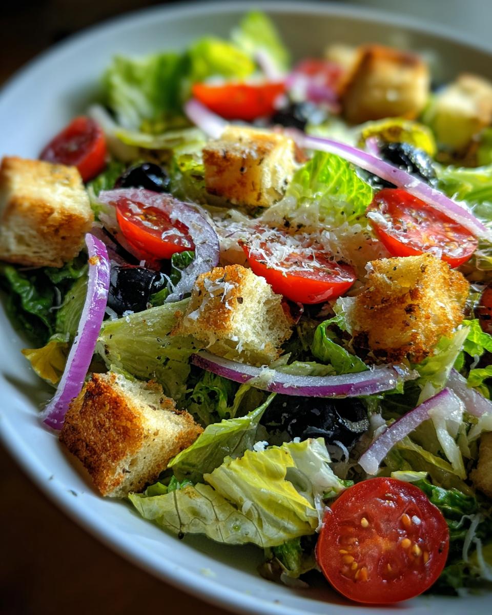 Close-up of a fresh Olive Garden Salad with croutons, tomatoes, olives, and red onion.