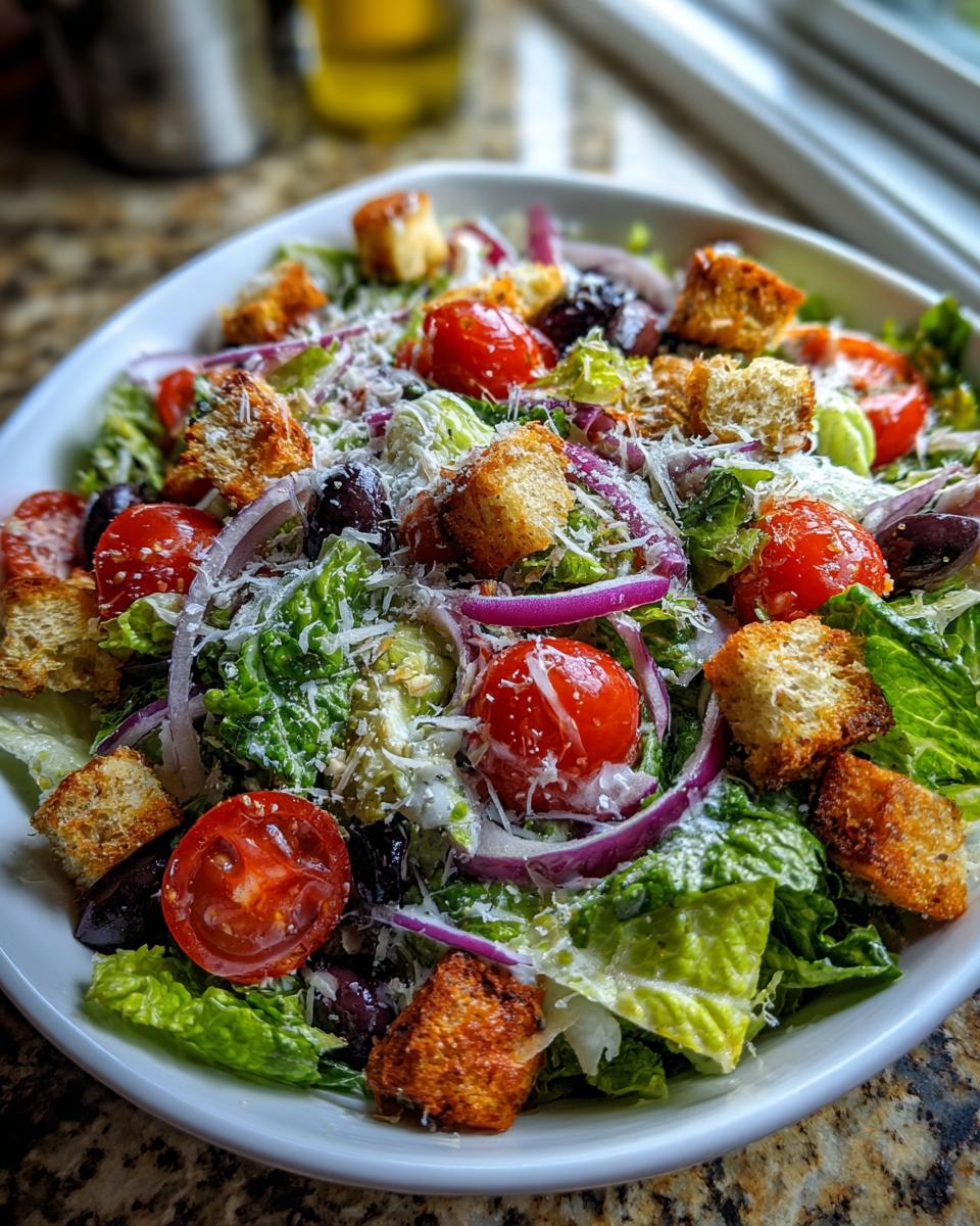 Close-up of a fresh Olive Garden Salad with tomatoes, olives, croutons, and cheese.
