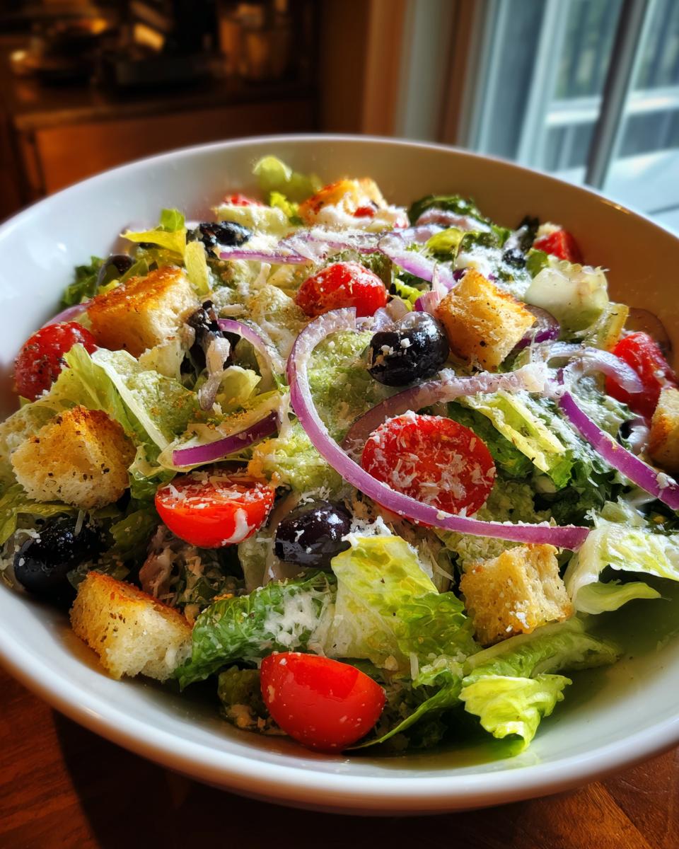 Close-up of a fresh Olive Garden Salad with lettuce, tomatoes, olives, croutons, and red onion.