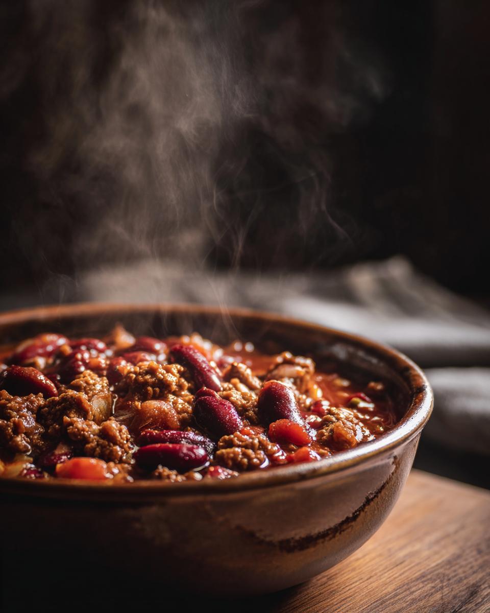 One-Pot & Slow Cooker Wonders: 1 Amazing Meal 7 A steaming bowl of chili, perfect for one-pot and slow cooker meals, with beans and meat.