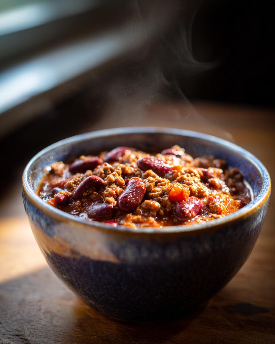 One-Pot & Slow Cooker Wonders: 1 Amazing Meal 9 Close-up of a bowl of steaming chili, a delicious One-Pot & Slow Cooker meal.