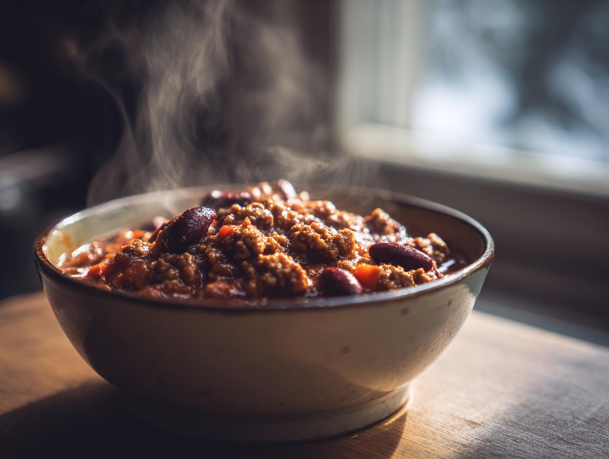 One-Pot & Slow Cooker Wonders: 1 Amazing Meal 6 A steaming bowl of chili, perfect for One-Pot & Slow Cooker Wonders.