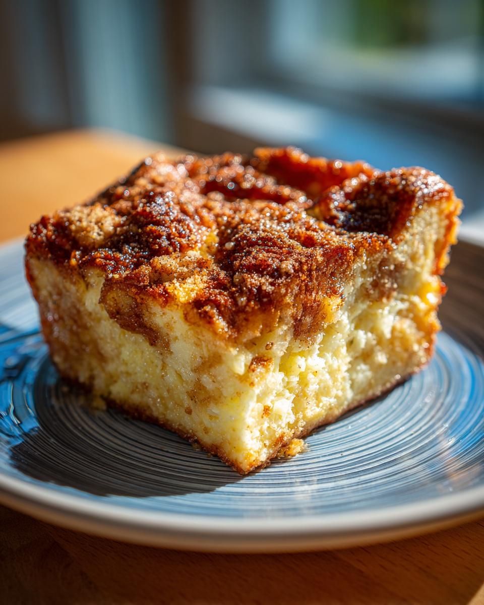 Close-up of a slice of Overnight French Toast Casserole on a blue plate, showing the golden-brown crust.