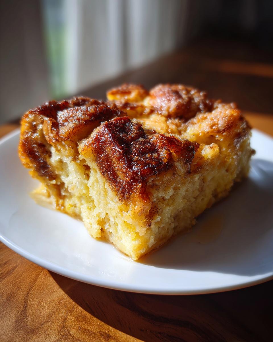 A slice of delicious Overnight French Toast Casserole on a white plate, ready to eat.