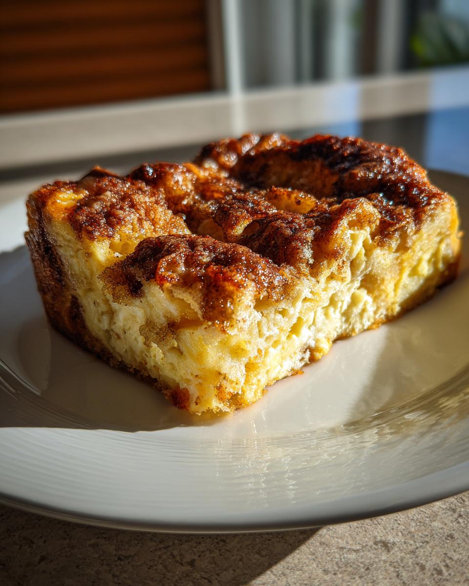 A slice of Overnight French Toast Casserole on a white plate, golden brown and delicious.