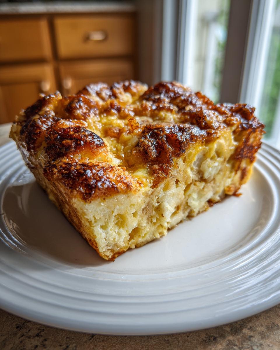 A slice of Overnight French Toast Casserole on a white plate, showing a golden-brown crust and fluffy interior.