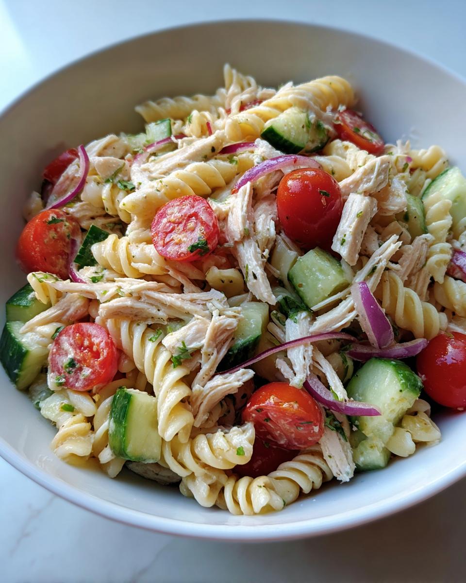 Amazing pasta salad and chicken in 30 minutes 3 Close-up of a bowl of pasta salad and chicken with tomatoes, cucumbers, and red onion.