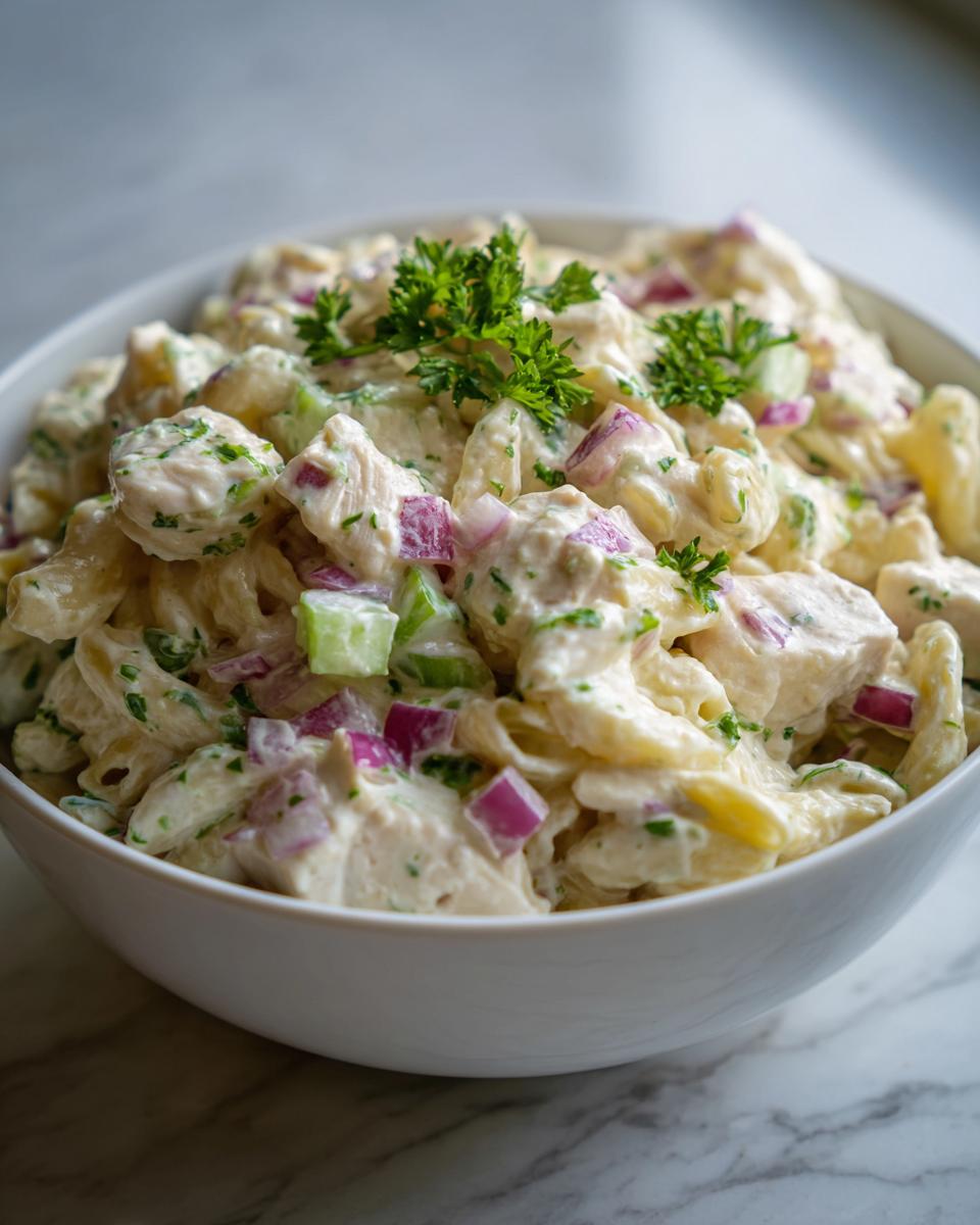 Amazing pasta salad and chicken: 30 min 9 Close-up of pasta salad and chicken in a white bowl, with red onion, celery, and parsley.
