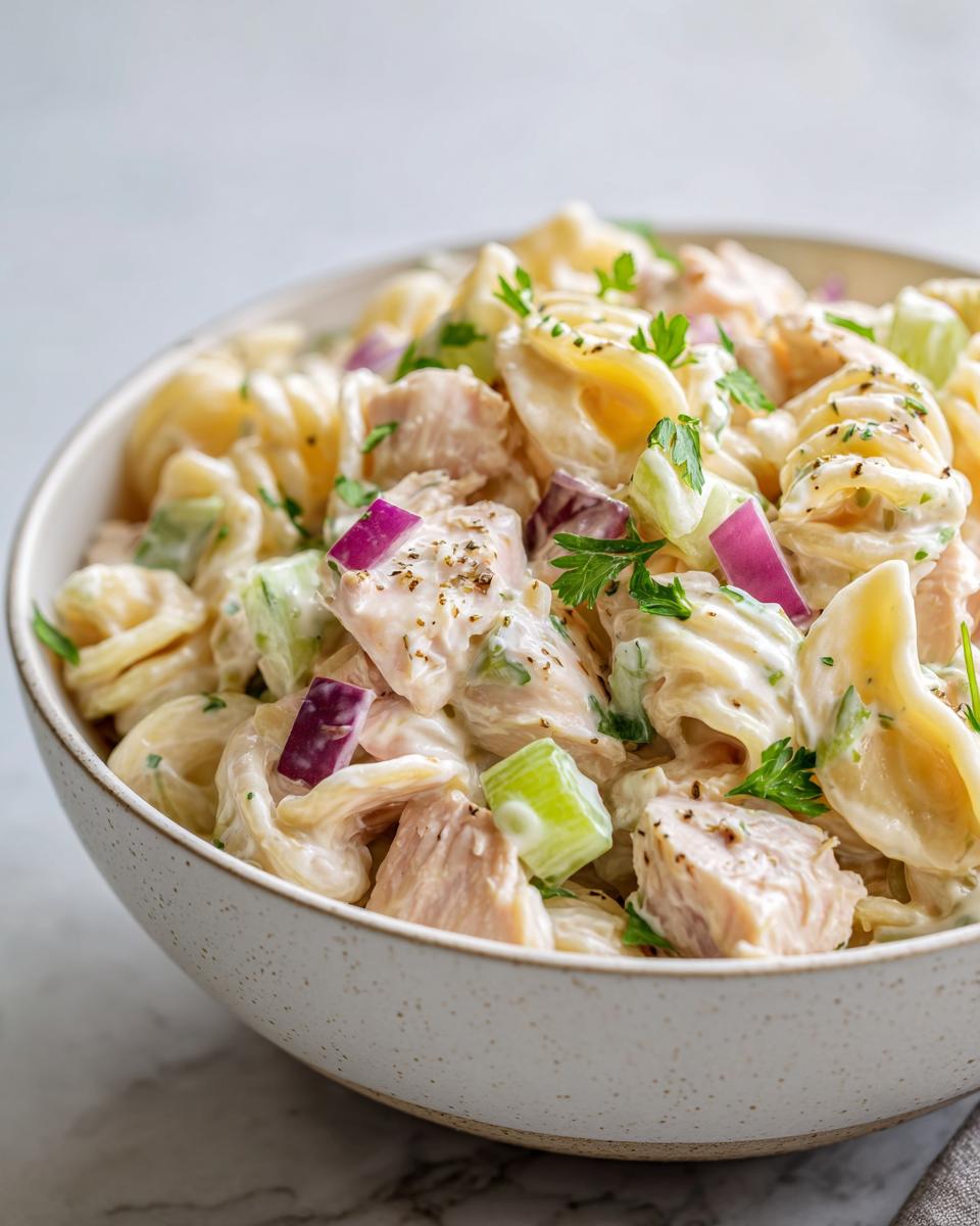 Amazing pasta salad and chicken: 30 min 10 Close-up of a bowl filled with pasta salad and chicken, featuring pasta, chicken, celery, red onion, and herbs.