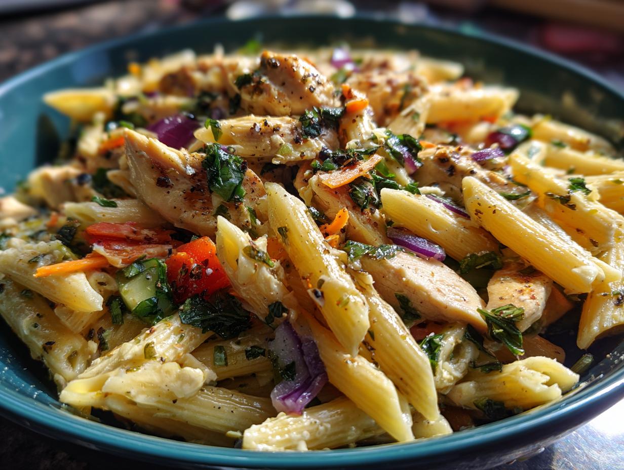 Amazing pasta salad and chicken: 30 min 6 Close-up of a bowl of pasta salad and chicken with vegetables and herbs.