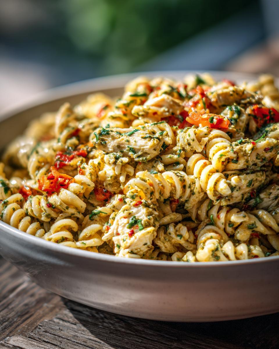 Amazing Pasta Salad and Chicken: 1 Quick Recipe 8 Close-up of a bowl of pasta salad and chicken, a refreshing dish.