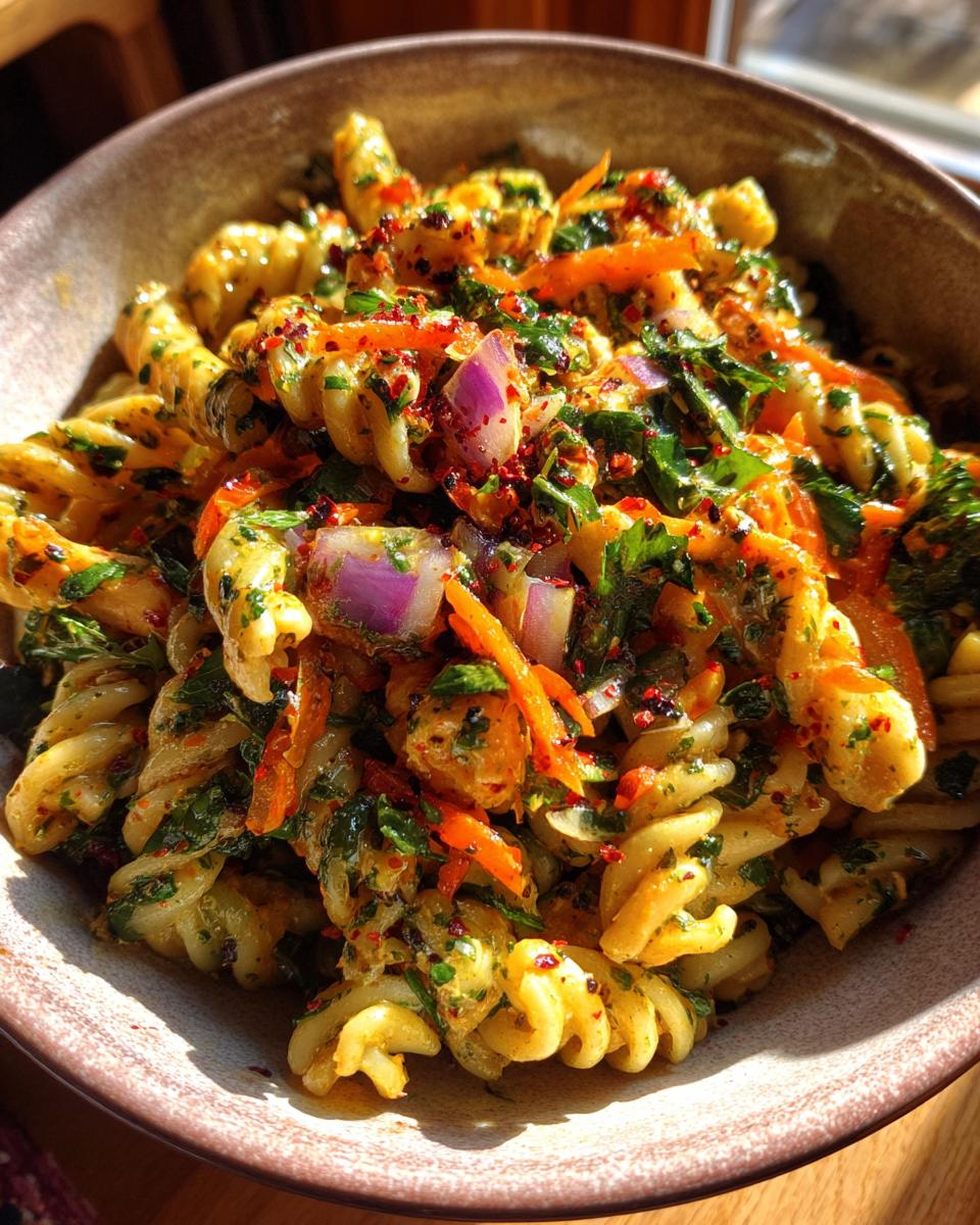 Amazing Pasta Salad and Chicken: 1 Quick Recipe 9 Close-up of a colorful pasta salad and chicken with carrots, red onion, and herbs.