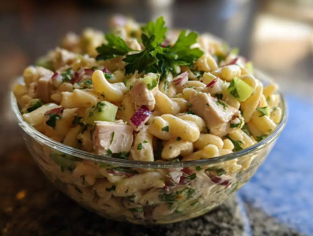Close-up of a pasta salad and chicken in a glass bowl, with pasta, chicken, red onion, and parsley.