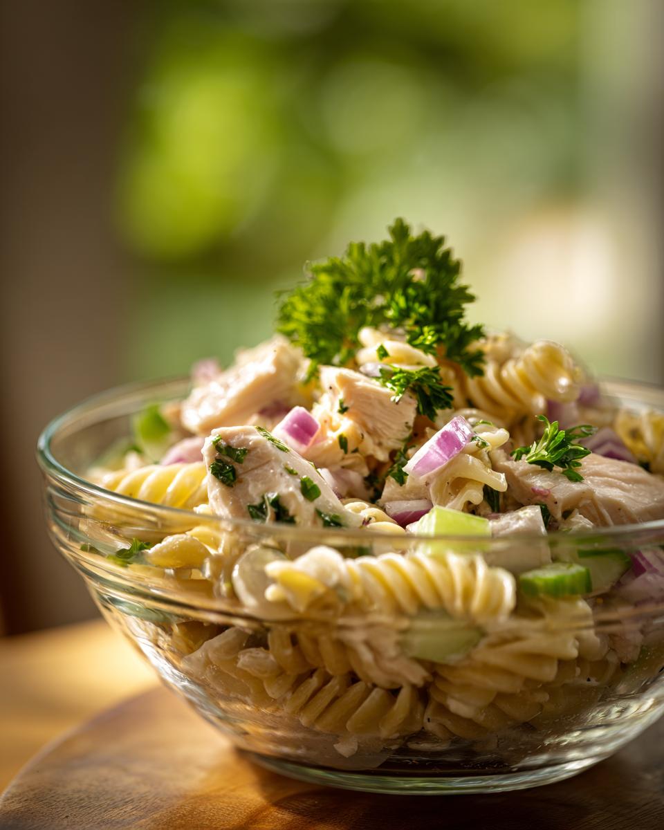 Close-up of a bowl of pasta salad and chicken with red onion and parsley.