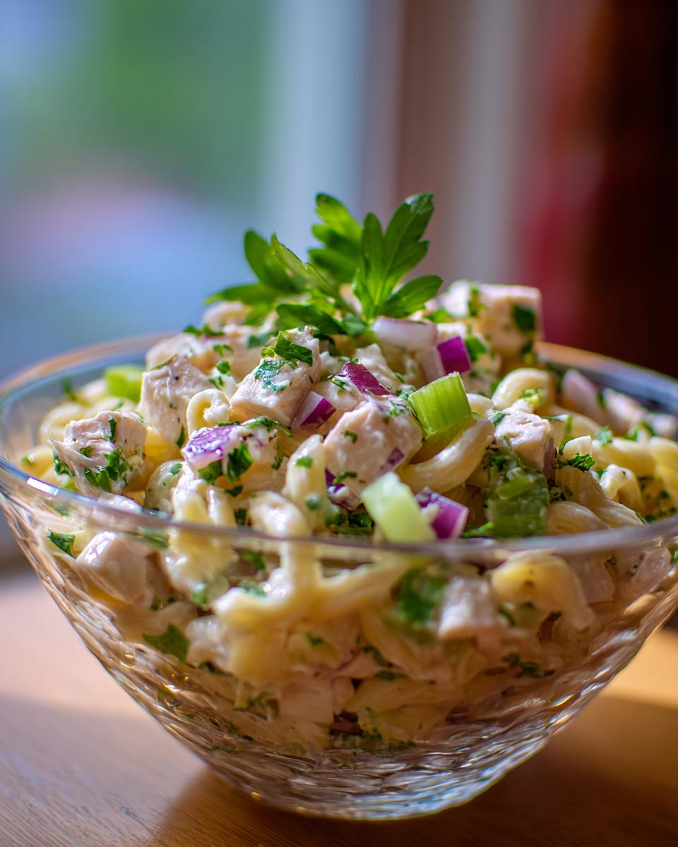 Close-up of pasta salad and chicken in a glass bowl, with parsley garnish and red onion.