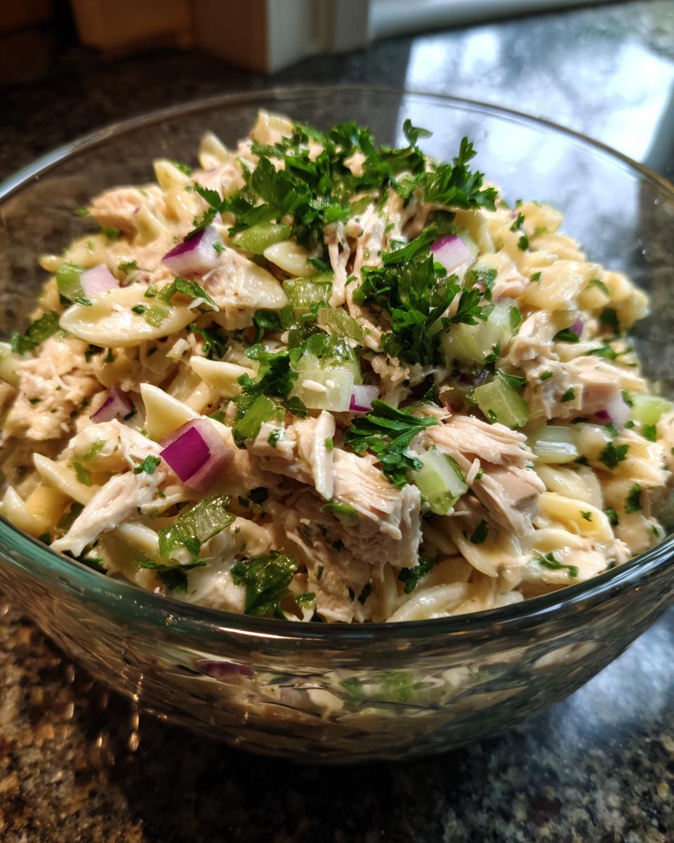 Close-up of a pasta salad and chicken in a glass bowl, with red onion, celery, and parsley.