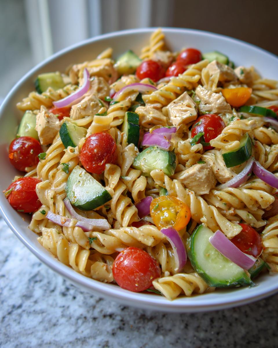 Amazing pasta salad and chicken in 30 minutes 4 Close-up of a bowl of pasta salad and chicken with tomatoes, cucumbers, and red onion.