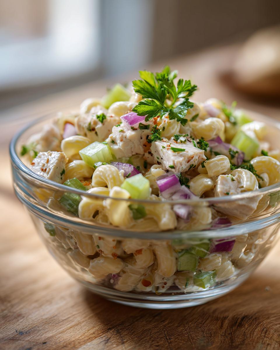 Close-up of a bowl of pasta salad and chicken with celery and red onion.