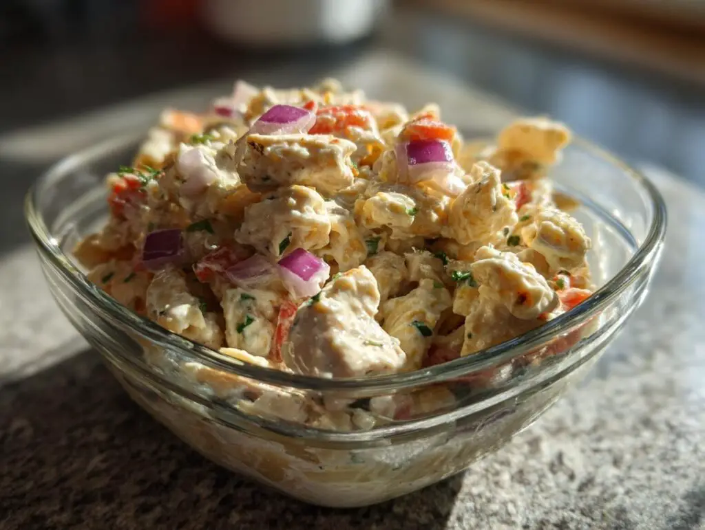 Close-up of a bowl of pasta salad and chicken with red onion and herbs. The pasta salad and chicken is creamy.