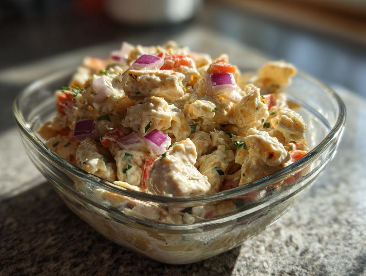 Close-up of a bowl of pasta salad and chicken with red onion and herbs. The pasta salad and chicken is creamy.