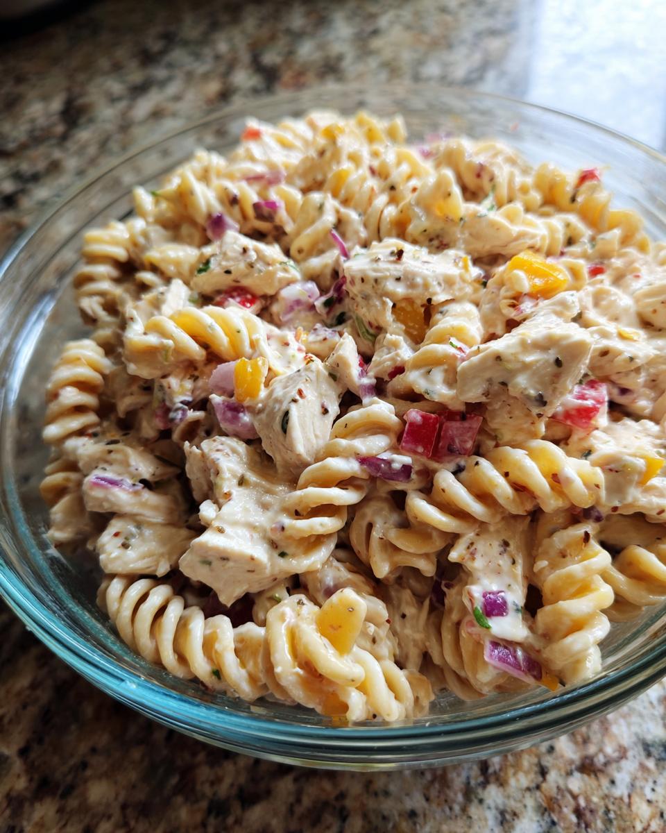 Close-up of pasta salad and chicken in a glass bowl. Contains rotini pasta, chicken, and vegetables.