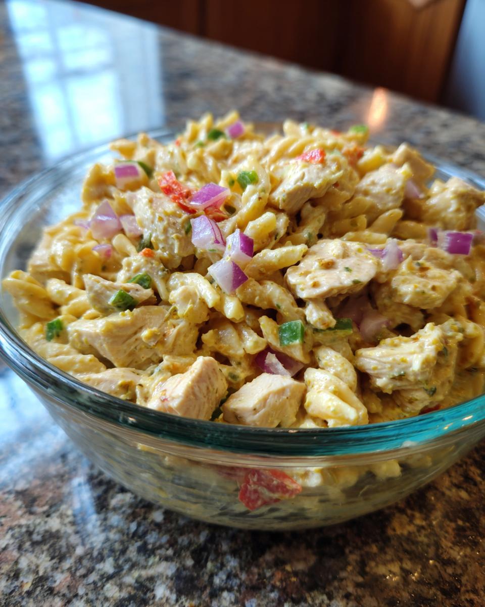 Close-up of a bowl filled with pasta salad and chicken, with red onion and peppers.