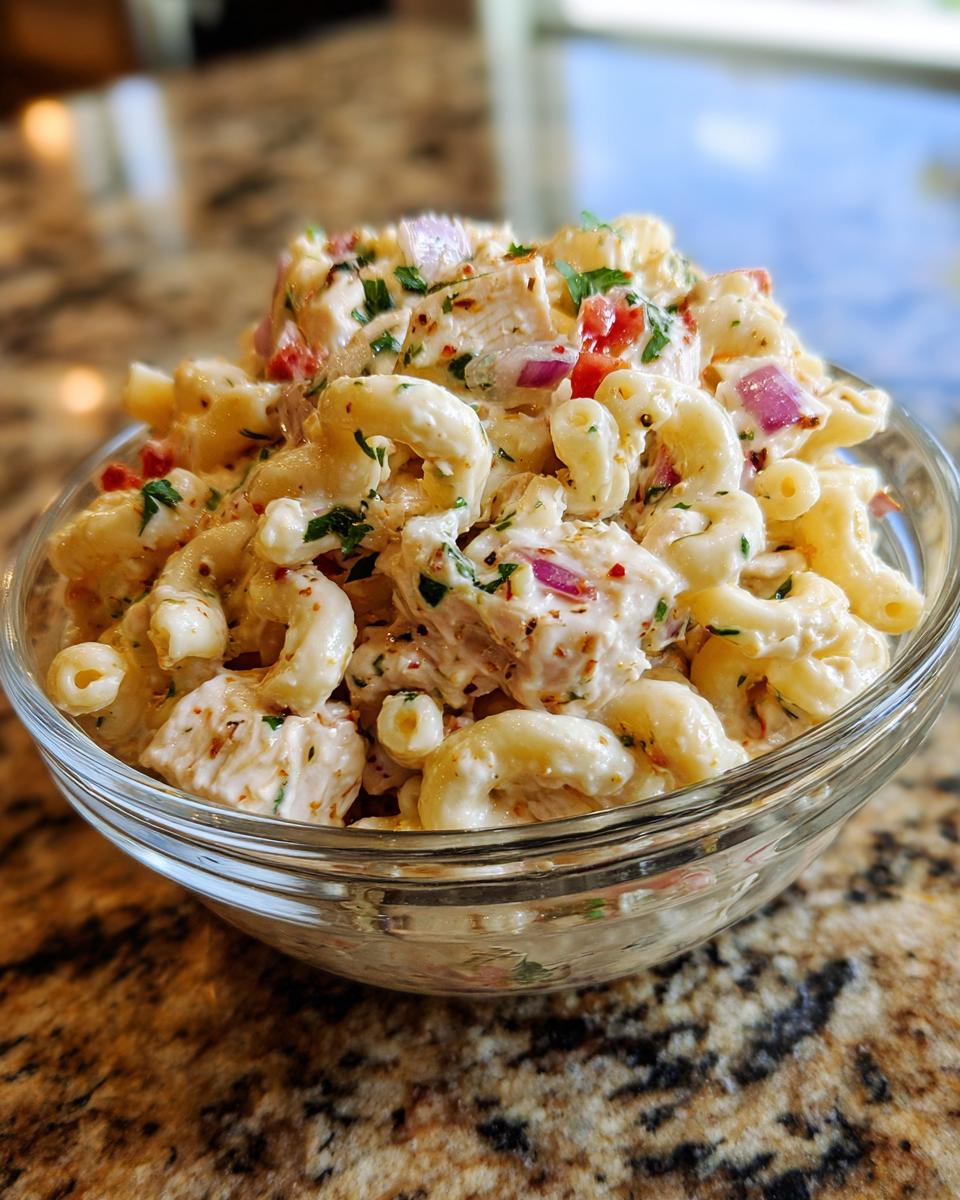 Close-up of a bowl of pasta salad and chicken. The pasta salad and chicken is creamy and has red onion and parsley.