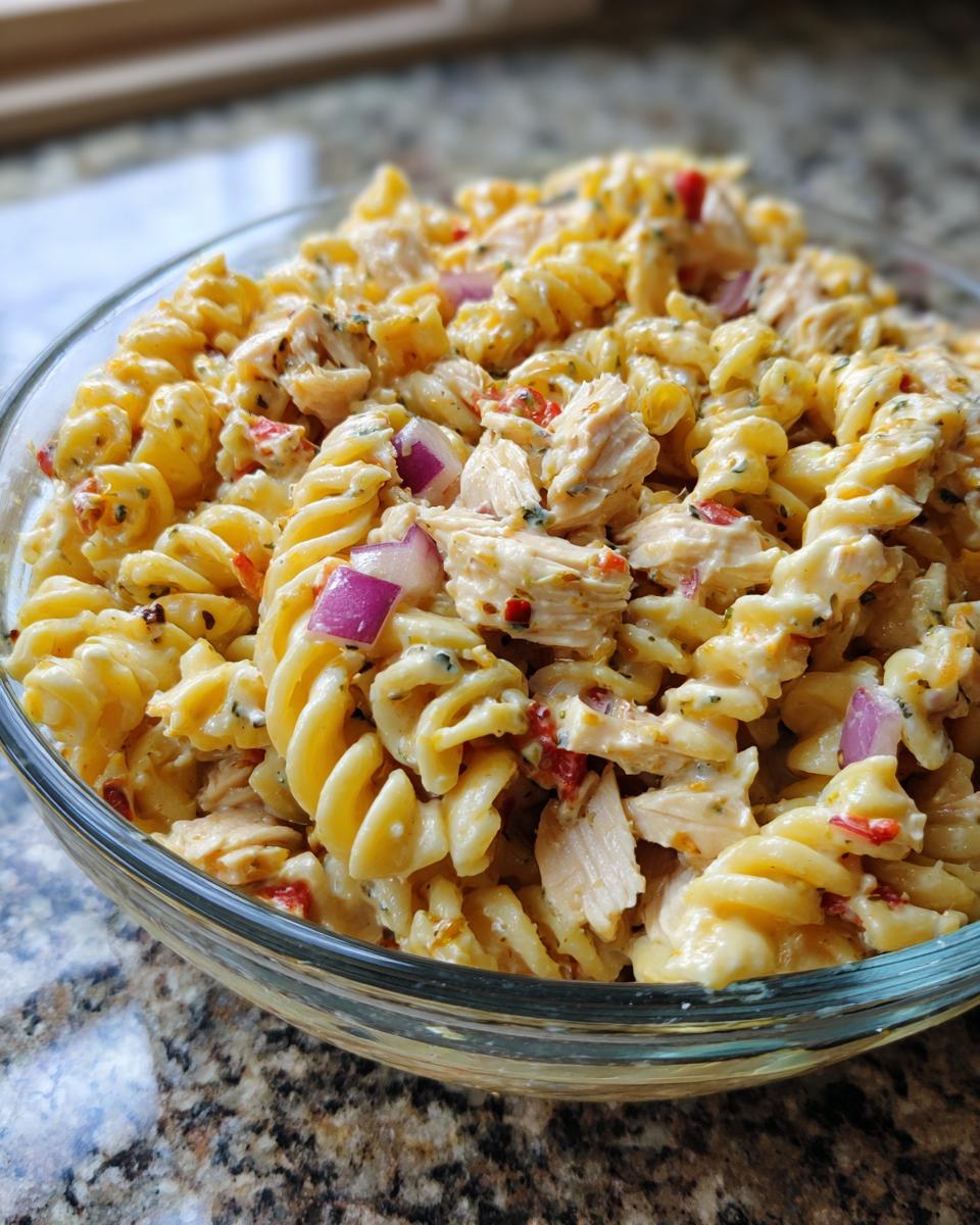 Close-up of a bowl filled with pasta salad and chicken. The pasta salad and chicken is creamy and has red onion.