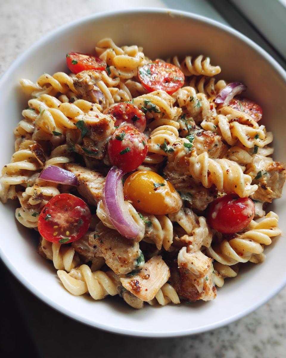 Close-up of a bowl of pasta salad and chicken with cherry tomatoes and red onion.