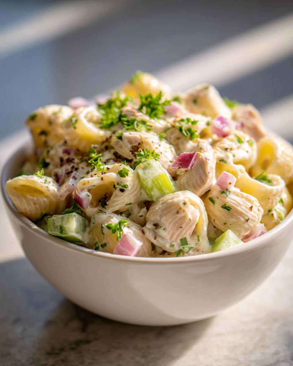 Amazing pasta salad and chicken: 30 min 7 Close-up of a bowl filled with pasta salad and chicken, with red onion and herbs.