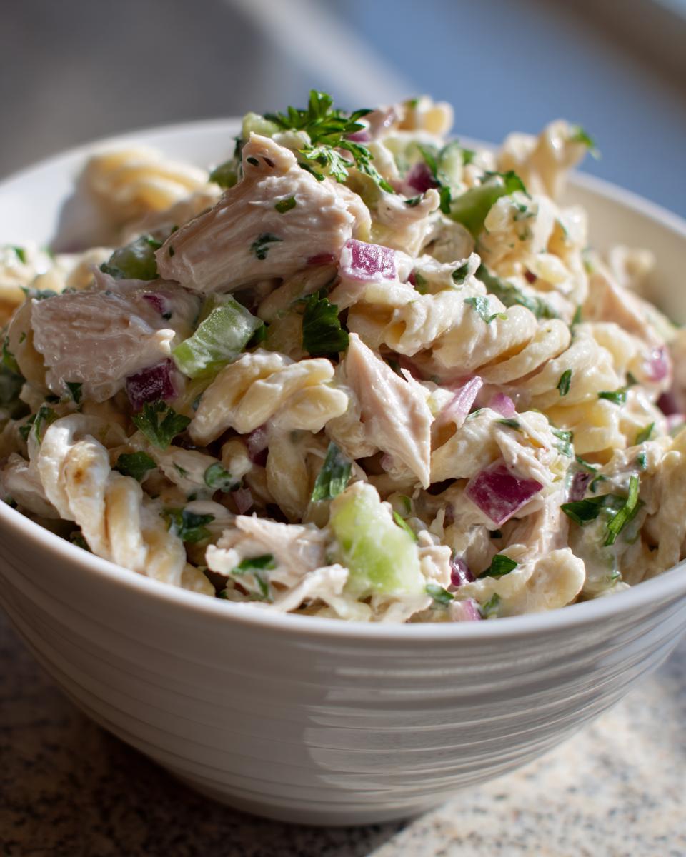 Amazing pasta salad and chicken: 30 min 8 Close-up of a bowl of creamy pasta salad and chicken with red onion and herbs; a delicious pasta salad and chicken.