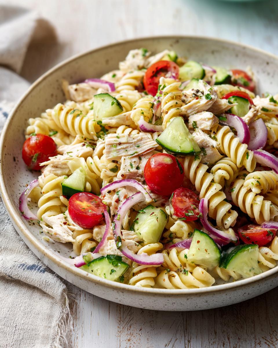 Amazing pasta salad and chicken in 30 minutes 2 Close-up of a bowl of pasta salad and chicken with tomatoes, cucumber, and red onion.