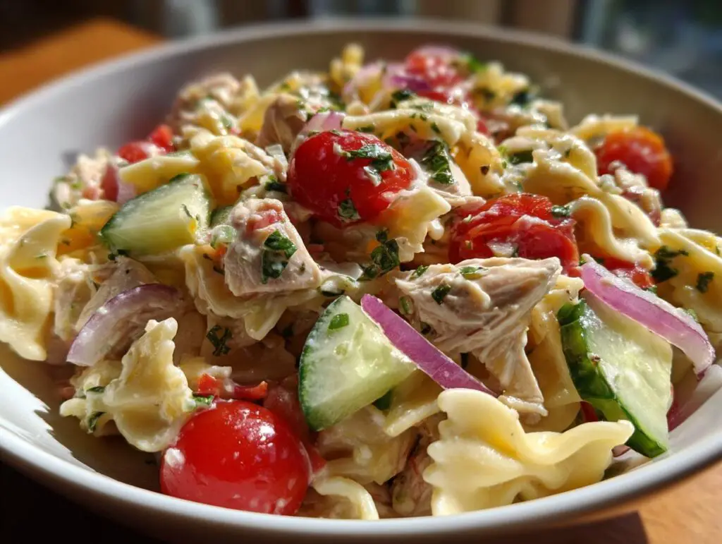 Close-up of a bowl of pasta salad and chicken with tomatoes, cucumbers, and red onion.